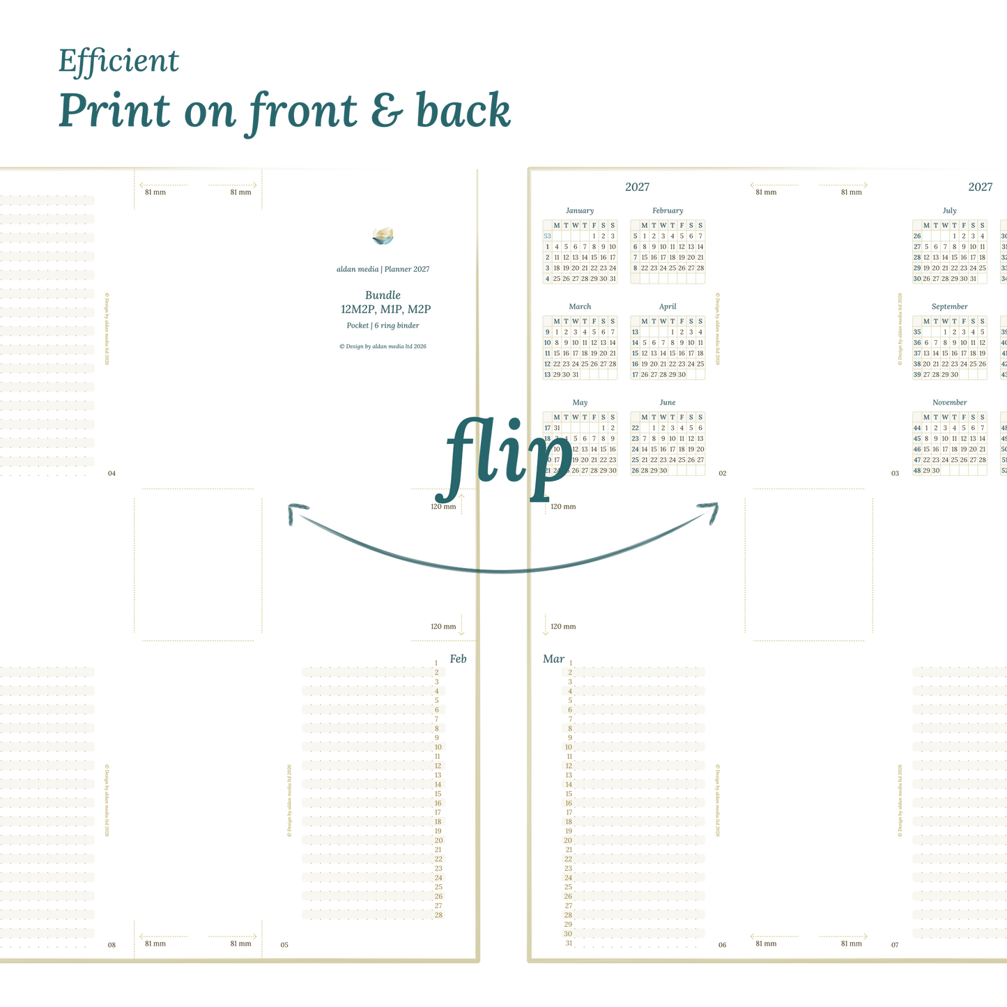 Showing 2 pages of the planner to illustrate the possibility to print our PDF printables on both sides of any DIN A4 page to get planner inserts in Pocket size for 6 ring binders.