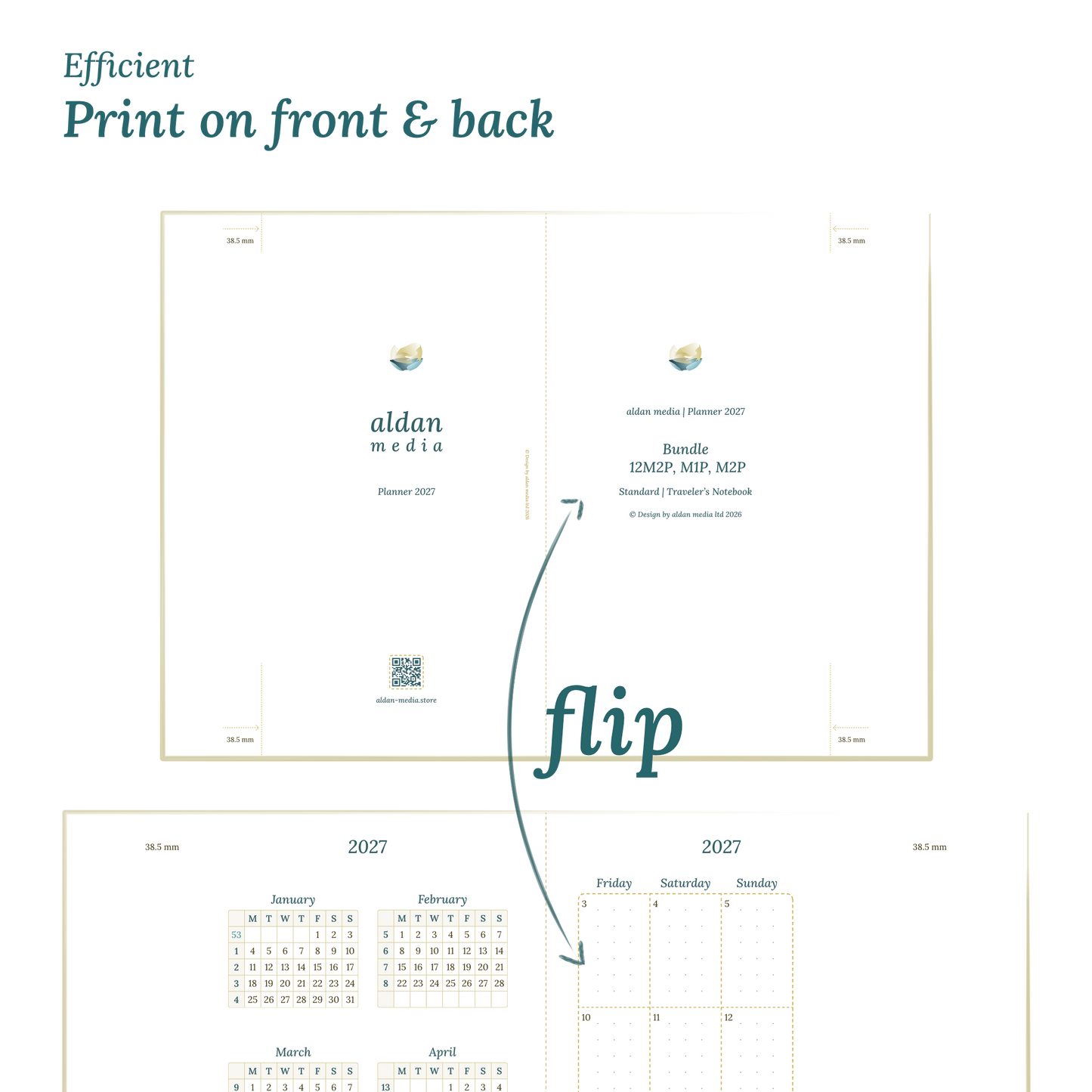 Showing 2 pages of the planner to illustrate the possibility to print our PDF printables on both sides of any DIN A4 page to get planner inserts in Standard size for Traveler's Notebooks.