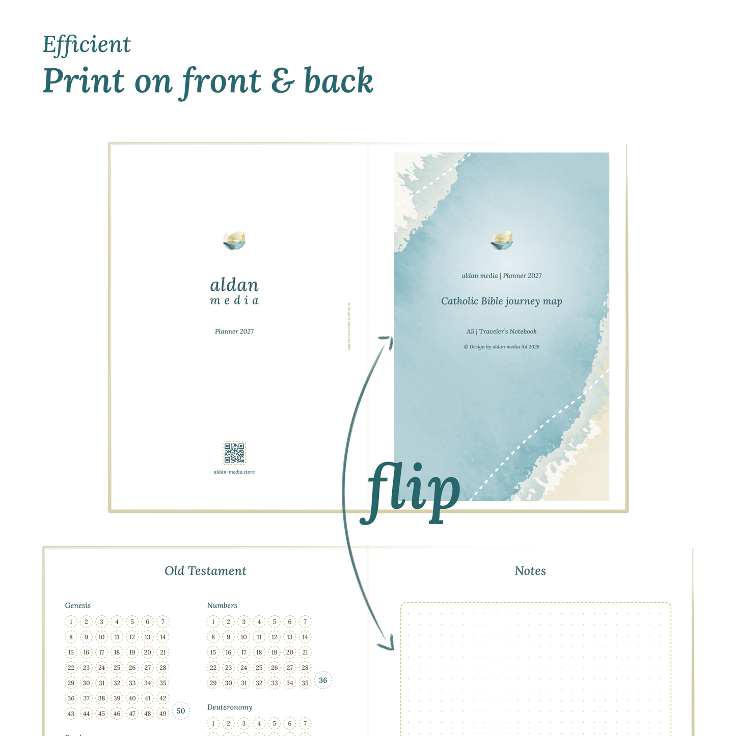 Calendar design with a lake map illustration and text indicating efficient printing on front and back of the A4 page.
