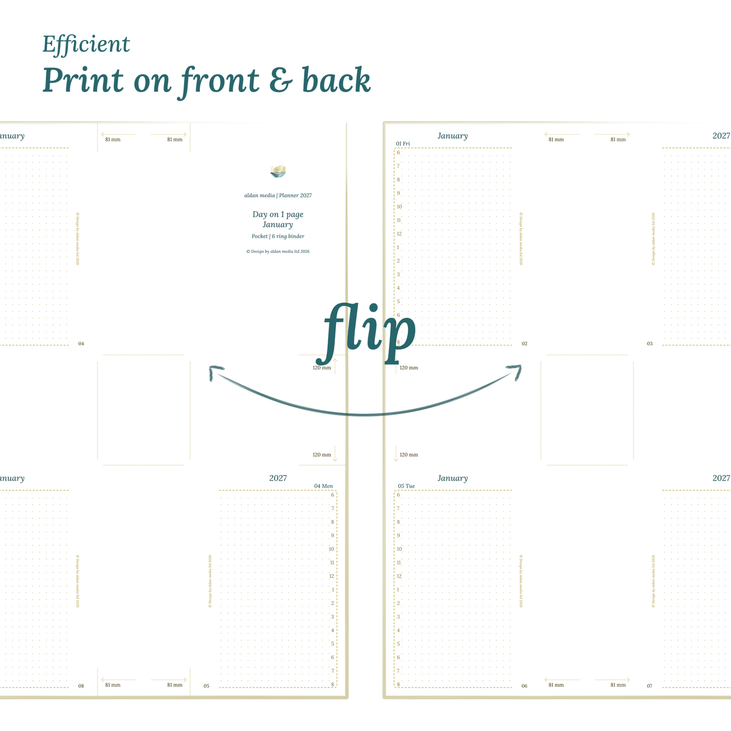 Printable PDF calendar design with a title and text indicating efficient printing on front and back of the A4 page to create a Pocket size 6 ring binder planner.