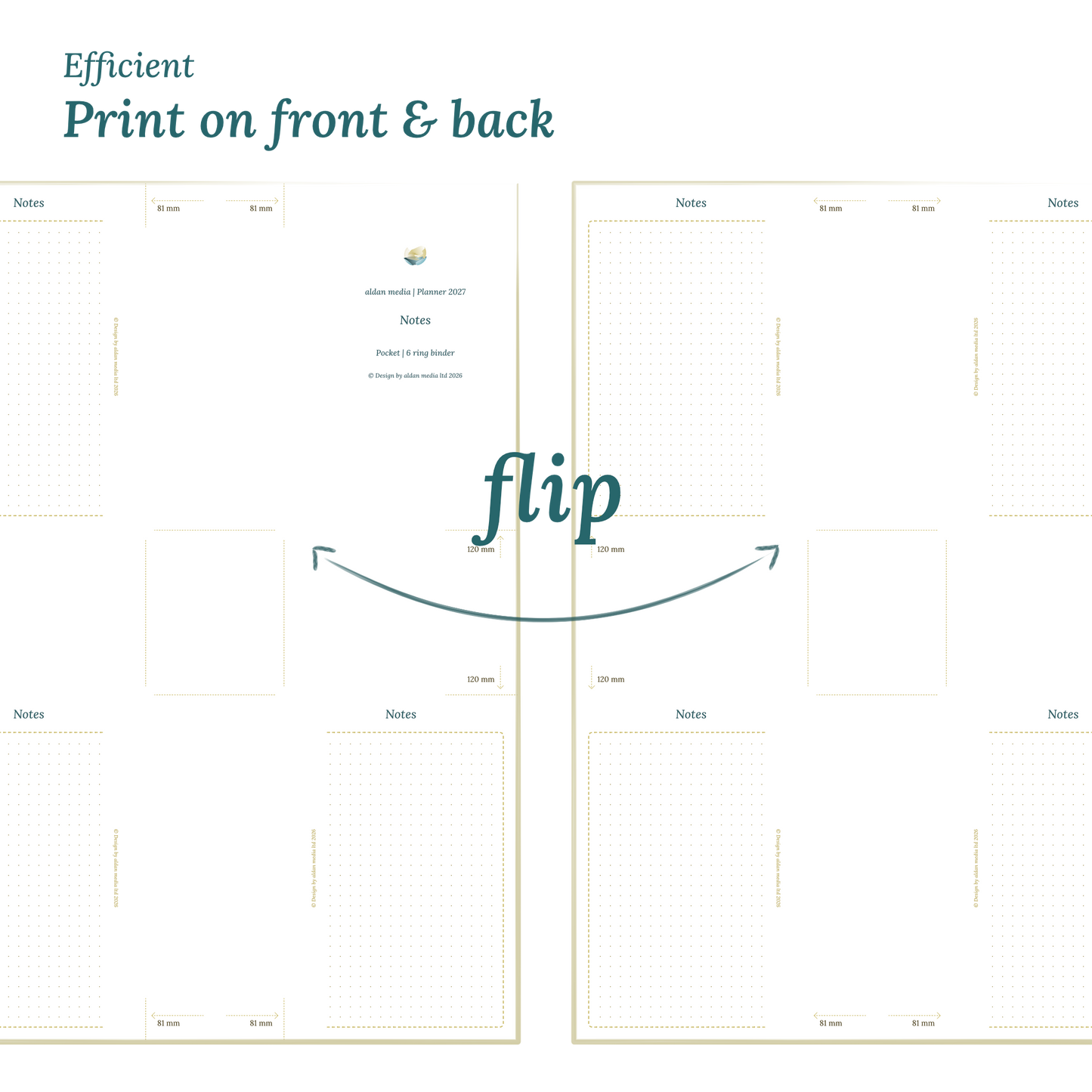 Printable PDF calendar design with a title and text indicating efficient printing on front and back of the A4 page for Pocket size 6 ring binder planner.