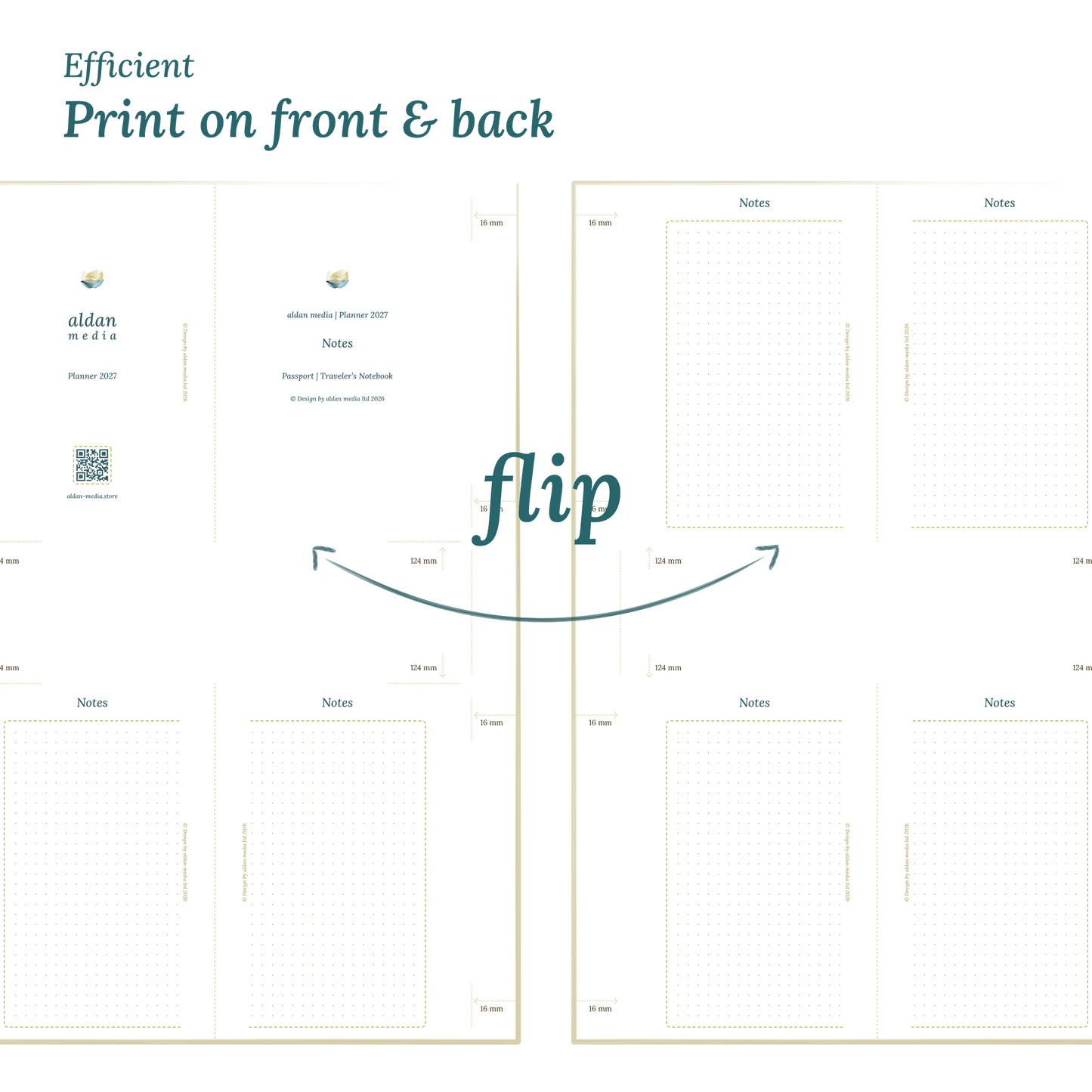 Printable PDF calendar design with a title and text indicating efficient printing on front and back of the A4 page for Passport size Traveler's Notebook planner.