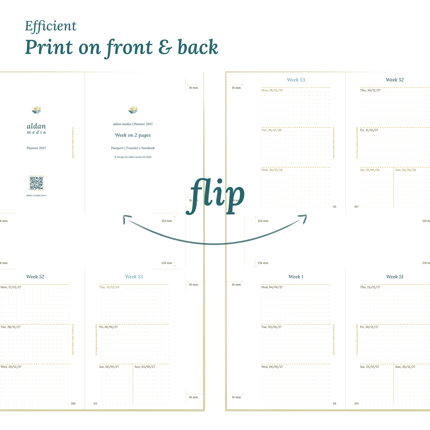 Printable PDF calendar design with a title illustration and text indicating efficient printing on front and back of the A4 page for Passport size Traveler's Notebook planner.