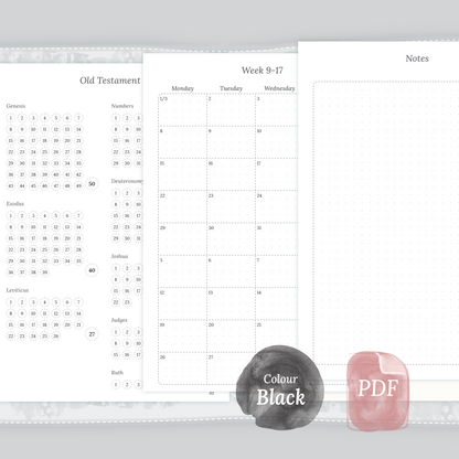 Examples featuring the printable Bible study kit inserts modules Bible journey map, 9W2P 9 weeks on 2 pages and Notes in the colour Black & White.