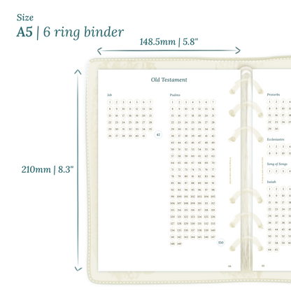 Calendar planner insert with dimensions labeled on a white background to show the size supported which is A5 for 6 ring binder.