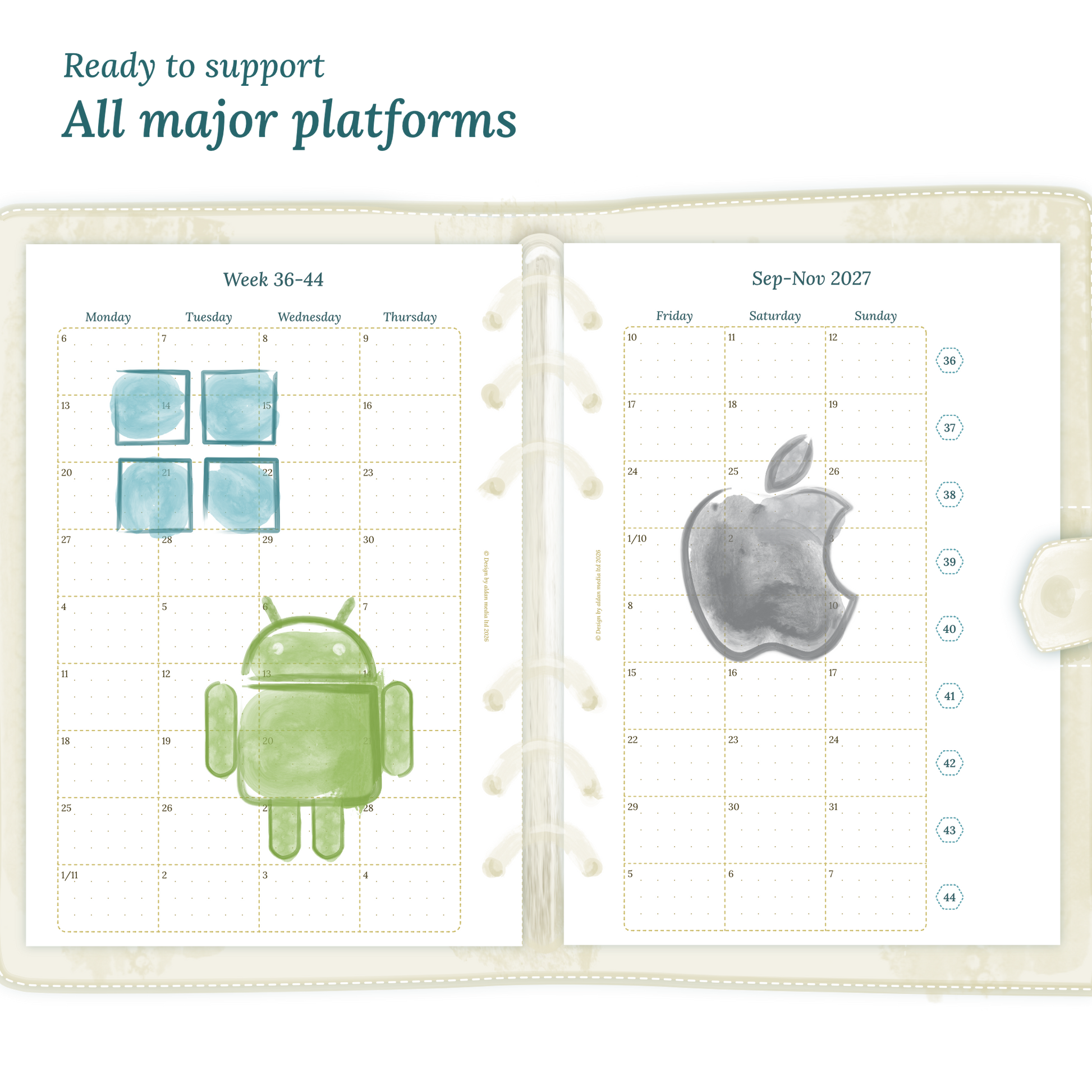 Open planner calendar insert with Windows, Android and Apple logos on a white background to show what operating systems are supported by our PDF printables.