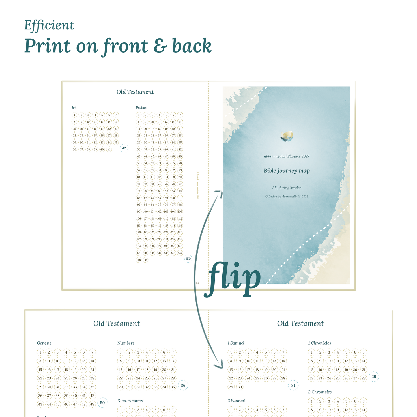 Calendar design with a lake map illustration and text indicating efficient printing on front and back of the A4 page.