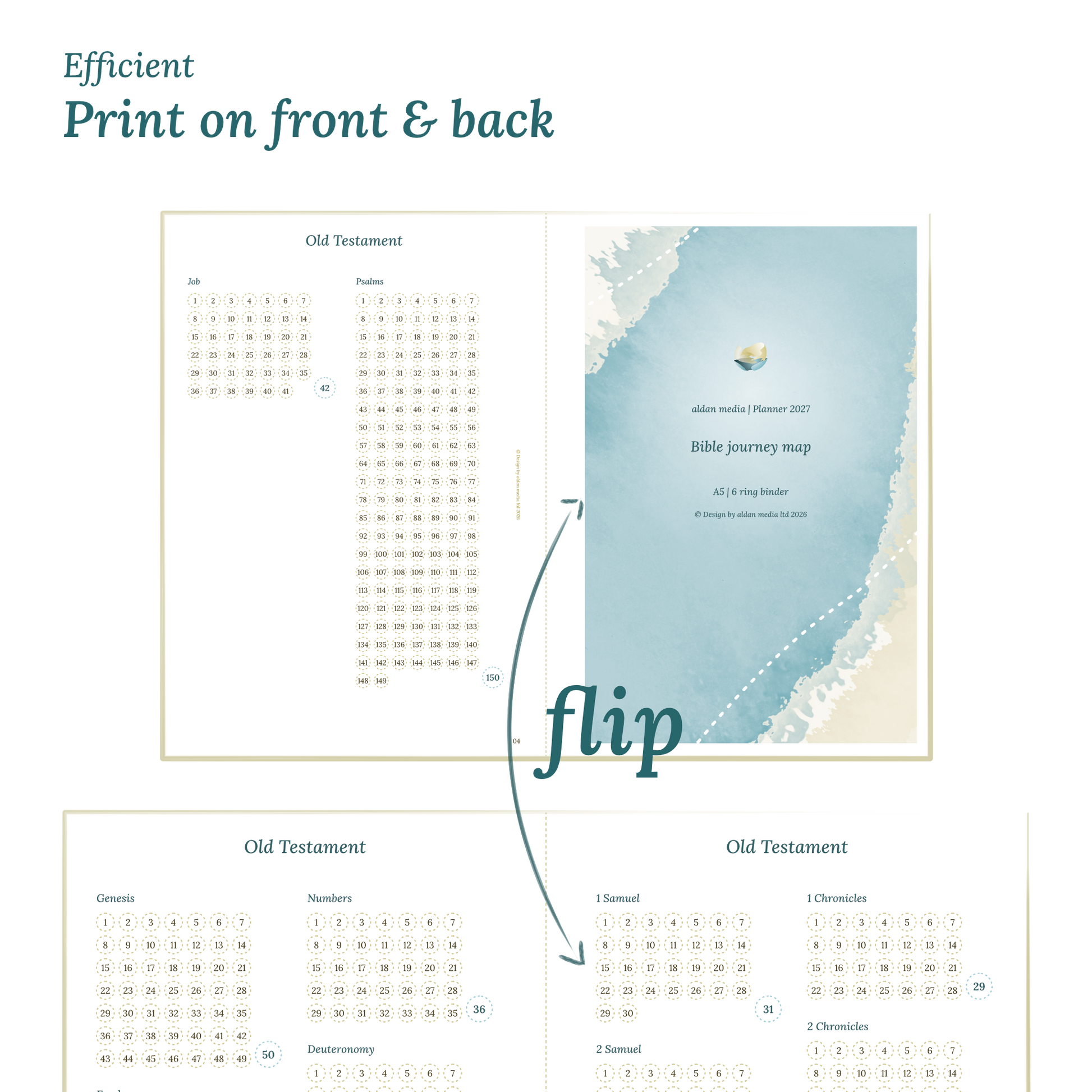 Calendar design with a lake map illustration and text indicating efficient printing on front and back of the A4 page.