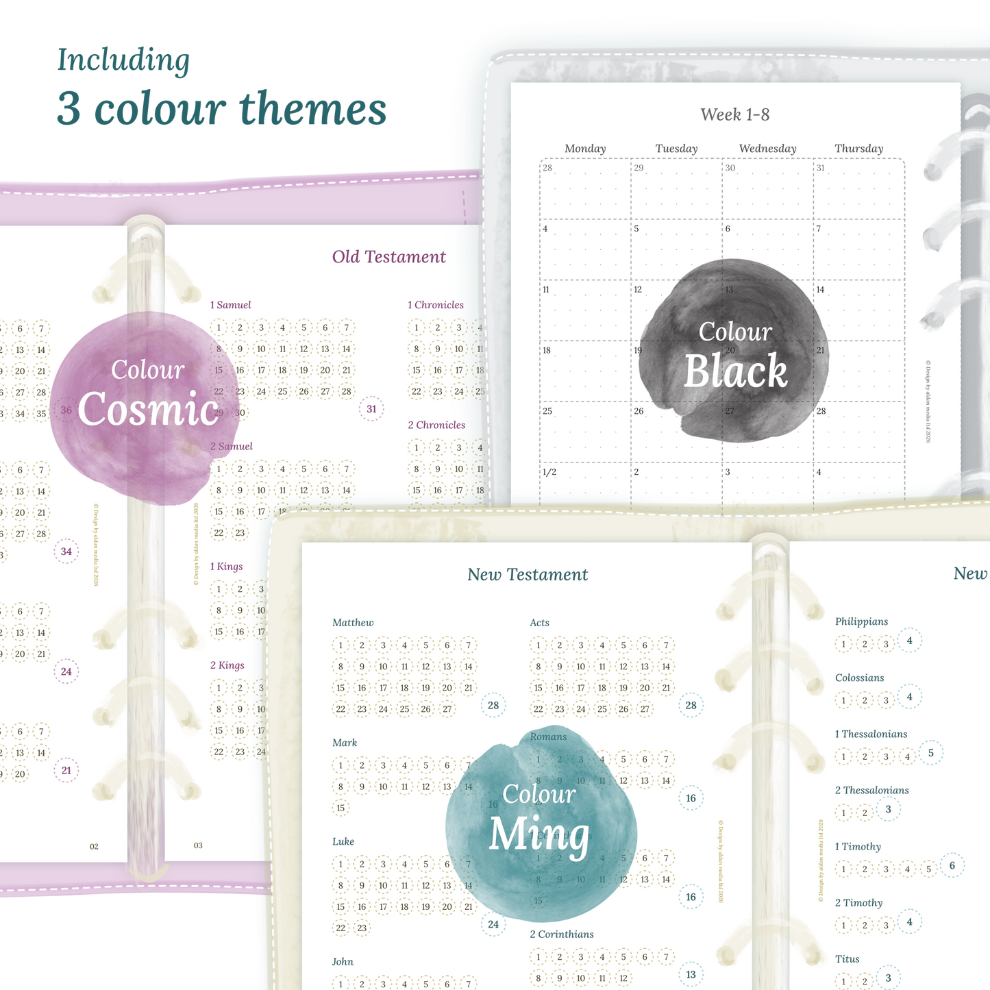 Three colour variants of the Bible study kit designs with colour themes 'Cosmic', 'Black', and 'Ming' displayed to show how they look like on the modules Bible journey map and 9W2P 9 weeks on 2 pages.