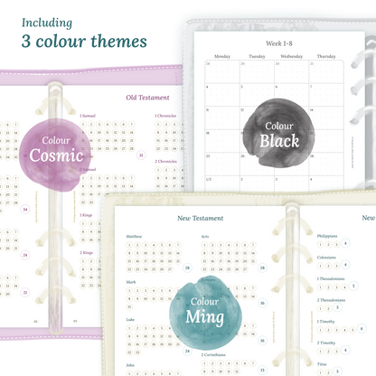Three colour variants of the Bible study kit designs with colour themes 'Cosmic', 'Black', and 'Ming' displayed to show how they look like on the modules Bible journey map and 9W2P 9 weeks on 2 pages.