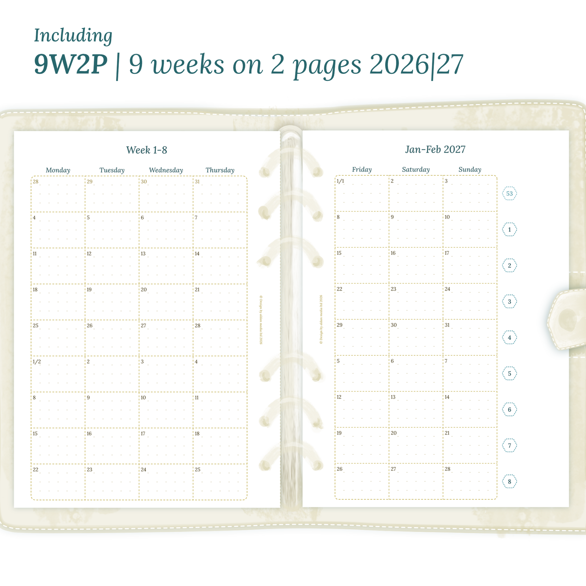 Open planner showing details of the printable planner inserts module 9W2P 9 weeks on 2 pages for January 2026 till December 2027.