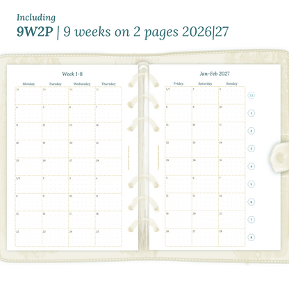 Open planner showing details of the printable planner inserts module 9W2P 9 weeks on 2 pages for January 2026 till December 2027.