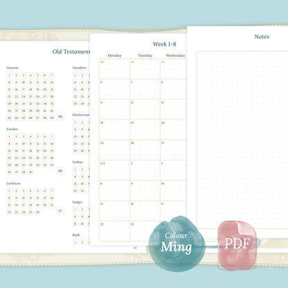 Examples featuring the printable Bible study kit inserts modules Bible journey map, 9W2P 9 weeks on 2 pages and Notes in the colour Ming/Blue.