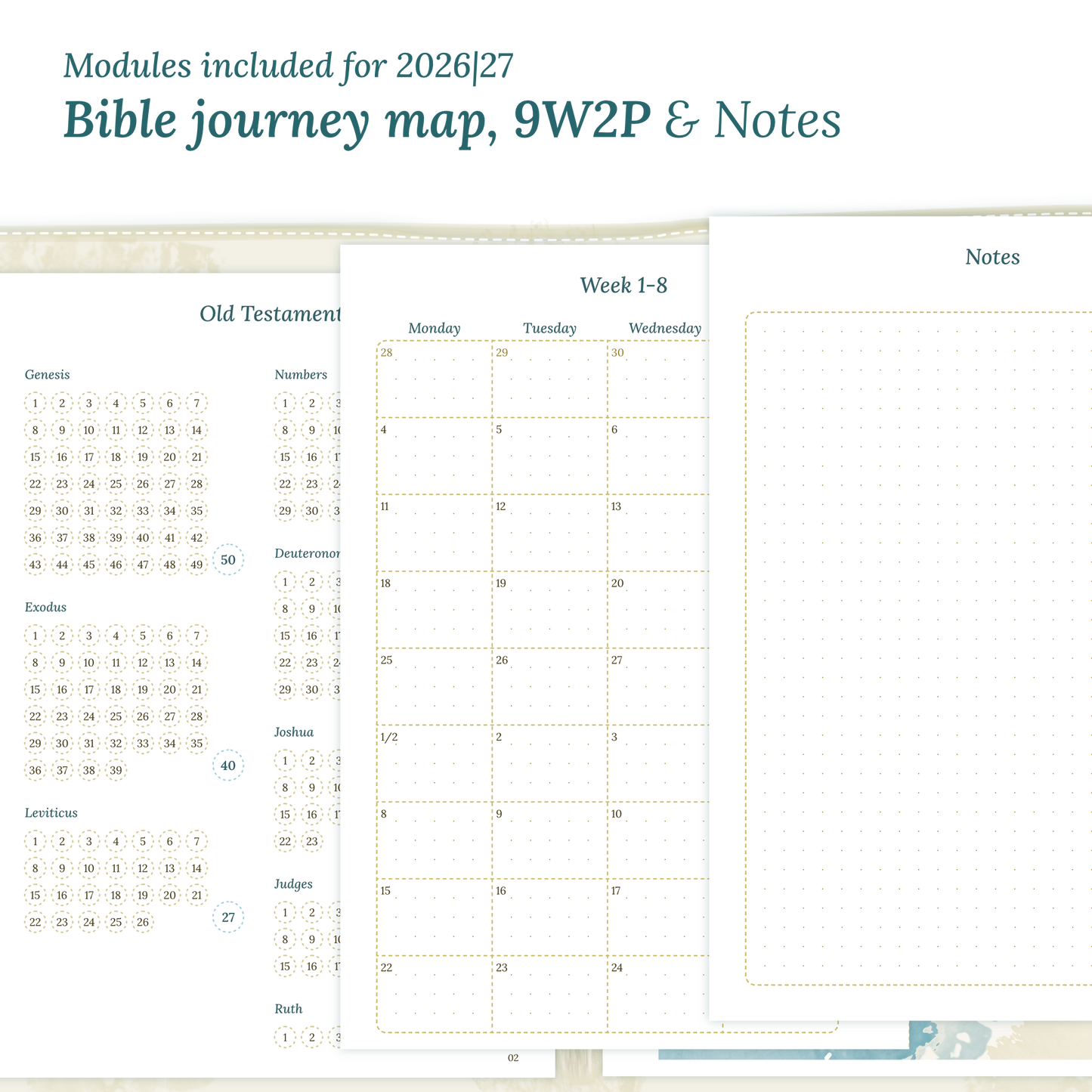 Printable Bible study kit inserts with modules for the years 2026 and 2027 featuring a Bible journey map, 9W2P 9 weeks on 2 pages and a notes.
