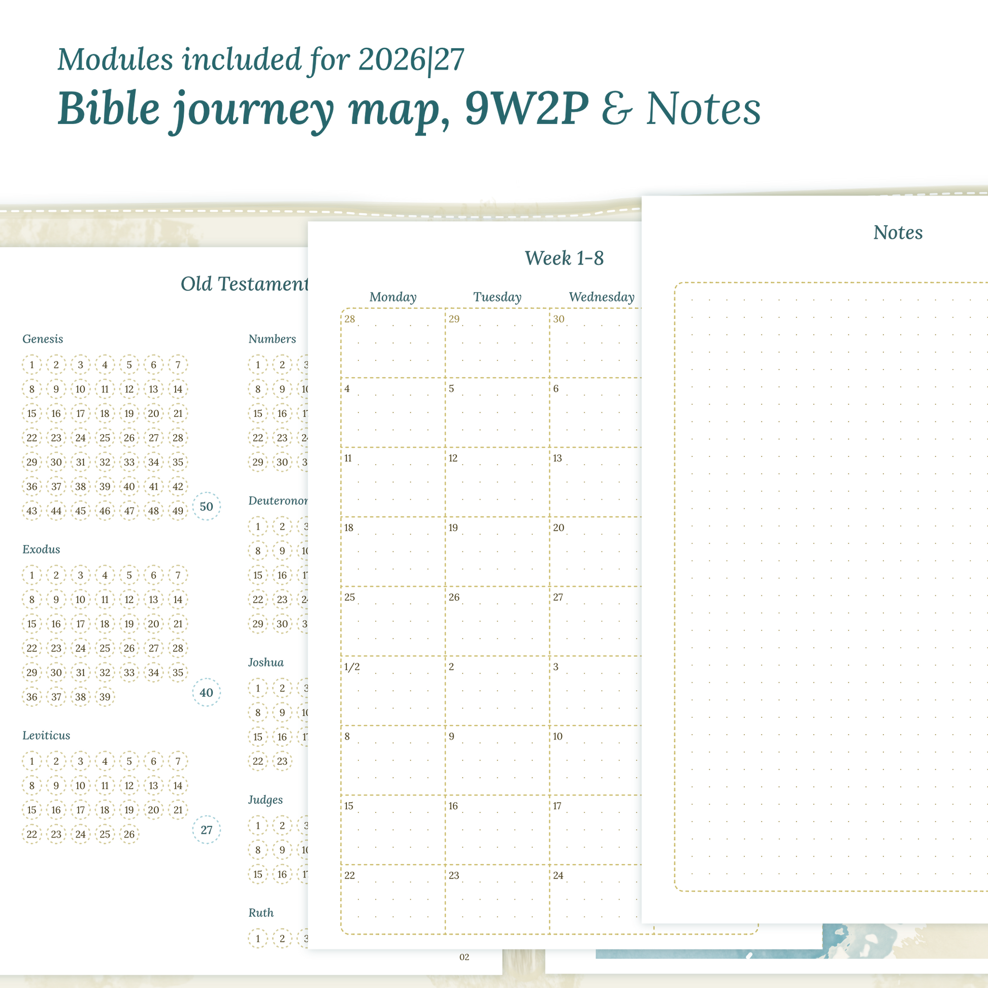 Printable Bible study kit inserts with modules for the years 2026 and 2027 featuring a Bible journey map, 9W2P 9 weeks on 2 pages and a notes.