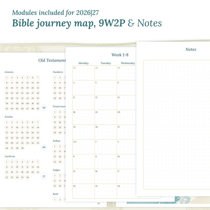Printable Bible study kit inserts with modules for the years 2026 and 2027 featuring a Bible journey map, 9W2P 9 weeks on 2 pages and a notes.