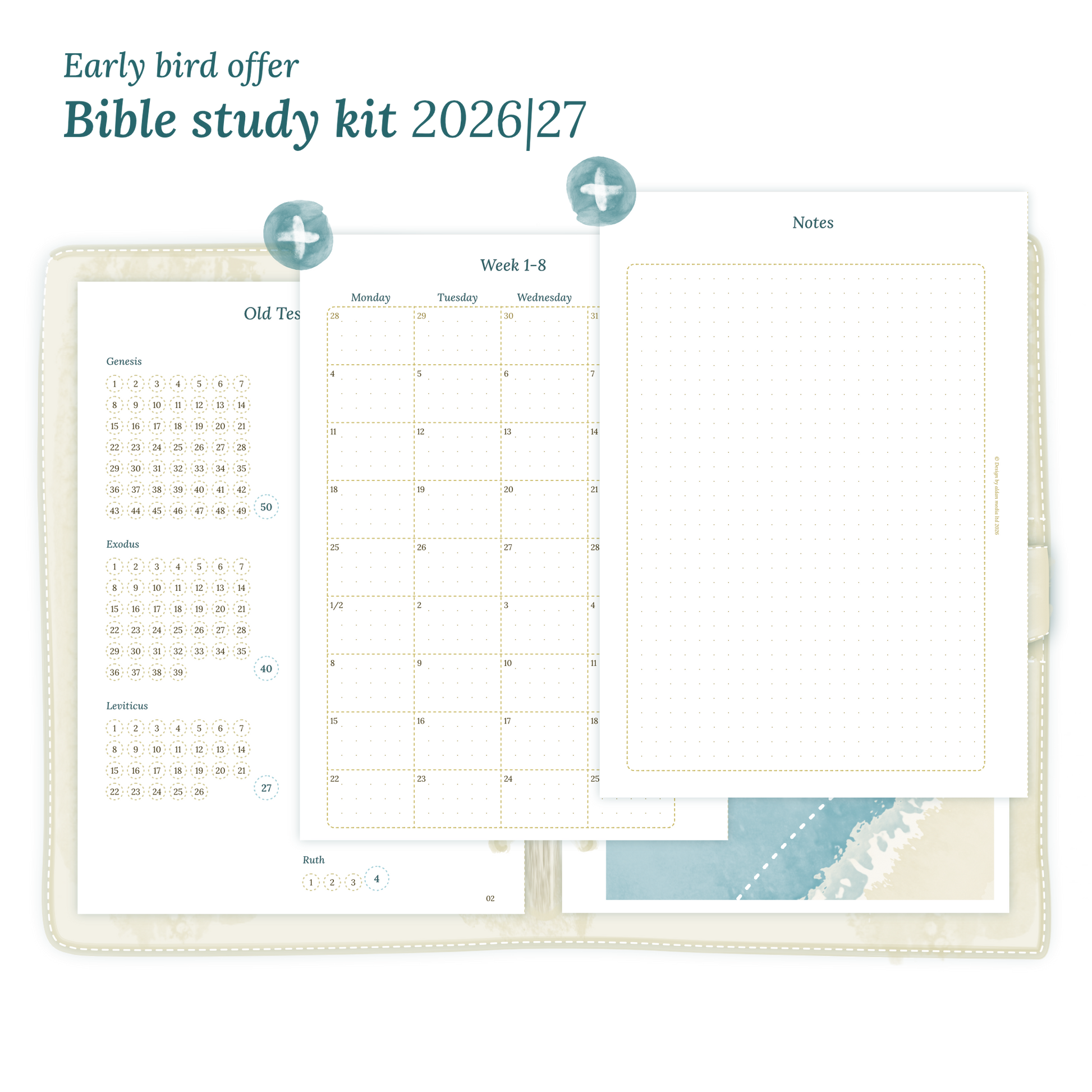 Calendar printable Bible study kit including modules for 2026 and 2027 for A5 size 6 ring binder planner.