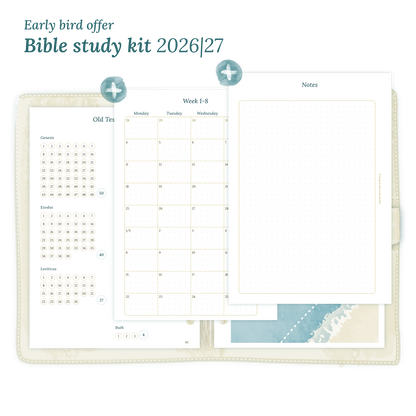 Calendar printable Bible study kit including modules for 2026 and 2027 for A5 size 6 ring binder planner.