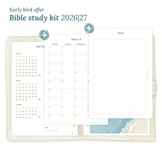 Calendar printable Bible study kit including modules for 2026 and 2027 for A5 size 6 ring binder planner.