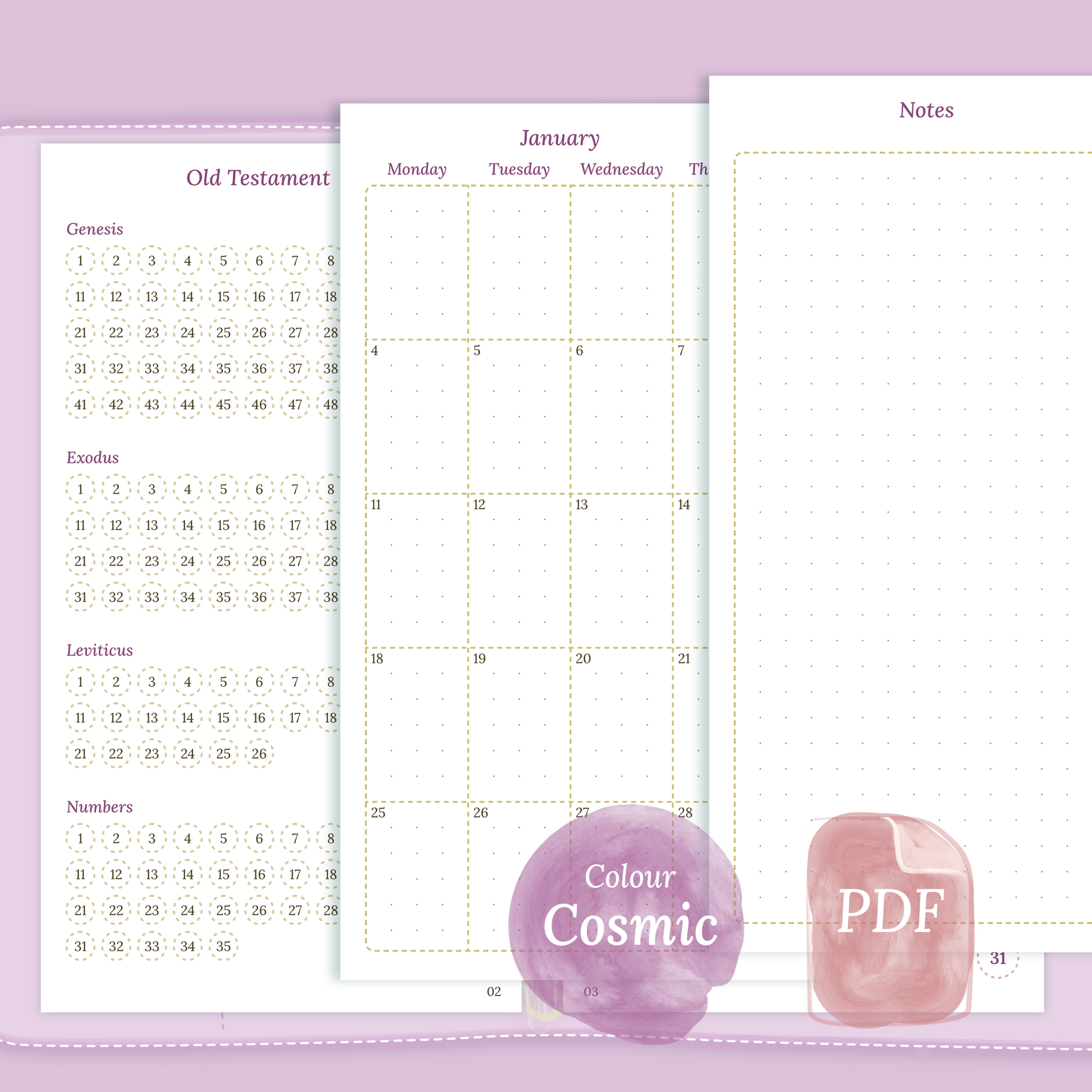Examples featuring the printable Bible study kit inserts modules Bible journey map, M2P month on 2 pages and Notes in the colour Cosmic/Raspberry for Personal size 6 ring binder.