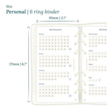 Calendar PDF printable planner insert with dimensions labeled on a white background to show the size supported which is Personal for 6 ring binder.
