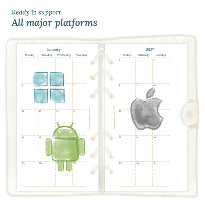 Open planner calendar insert with Windows, Android and Apple logos on a white background to show what operating systems are supported by our PDF printables.