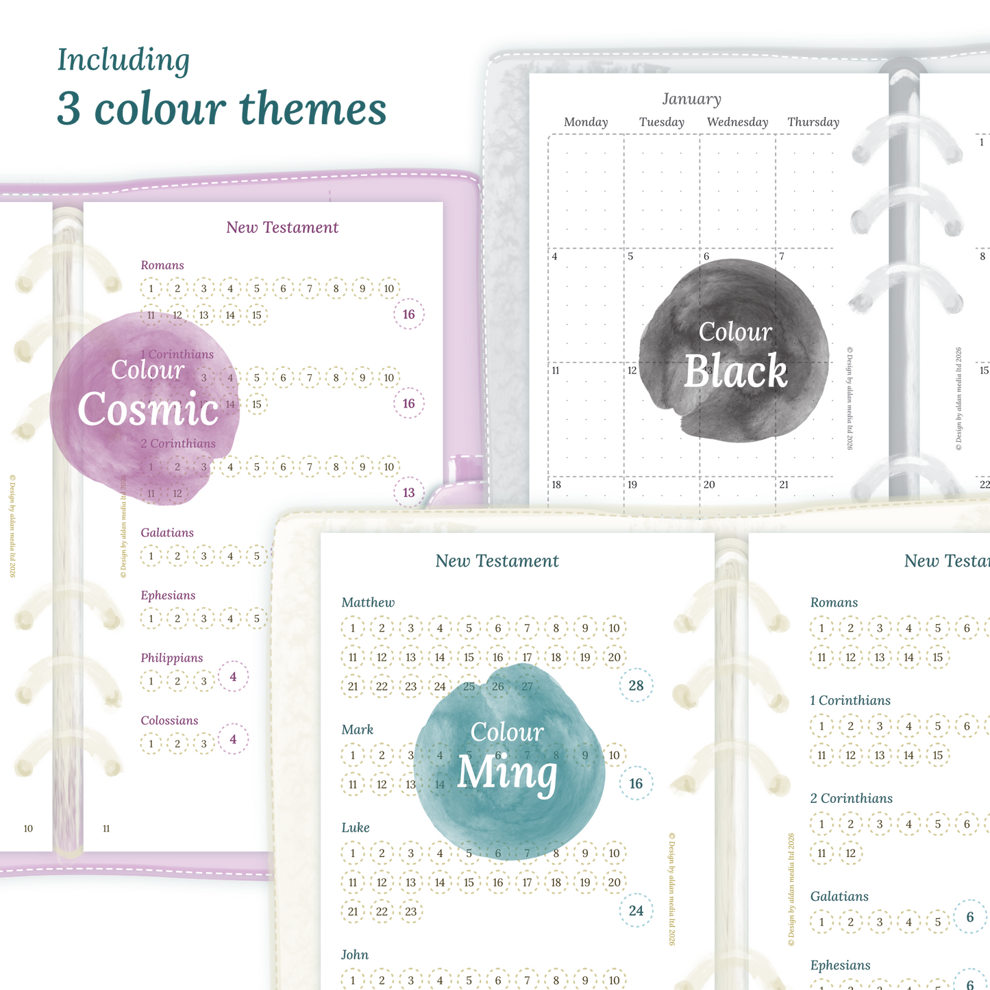 Three colour variants of the Bible study kit designs with colour themes 'Cosmic', 'Black', and 'Ming' displayed to show how they look like on the modules Bible journey map and M2P month on 2 pages.