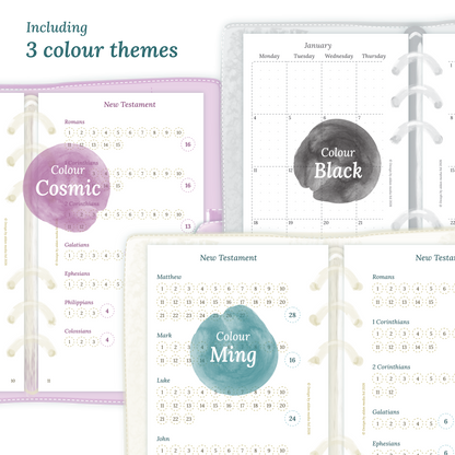 Three colour variants of the Bible study kit designs with colour themes 'Cosmic', 'Black', and 'Ming' displayed to show how they look like on the modules Bible journey map and M2P month on 2 pages.