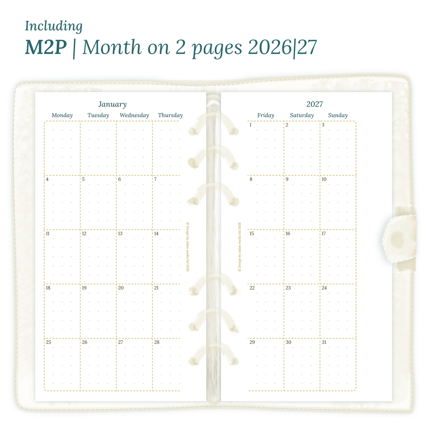Open planner showing details of the printable planner inserts module M2P month on 2 pages for January 2026 till December 2027 for Personal size 6 ring binder.