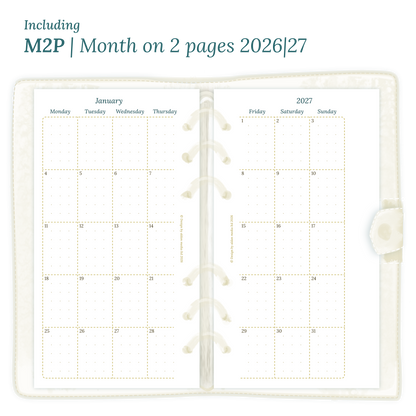 Open planner showing details of the printable planner inserts module M2P month on 2 pages for January 2026 till December 2027 for Personal size 6 ring binder.