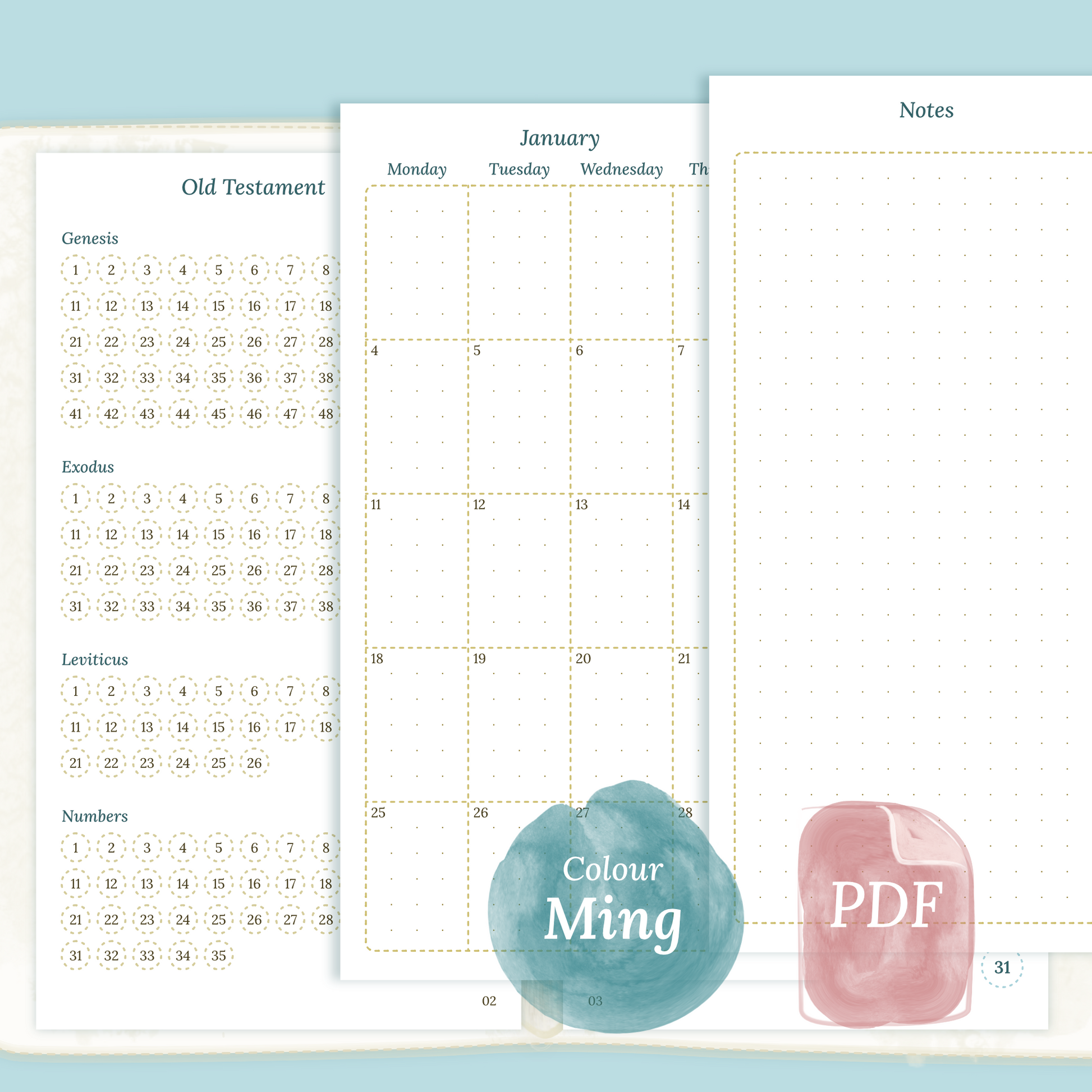 Examples featuring the printable Bible study kit inserts modules Bible journey map, M2P month on 2 pages and Notes in the colour Ming/Blue for Personal size 6 ring binder.