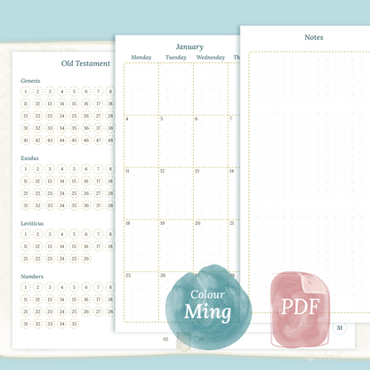 Examples featuring the printable Bible study kit inserts modules Bible journey map, M2P month on 2 pages and Notes in the colour Ming/Blue for Personal size 6 ring binder.