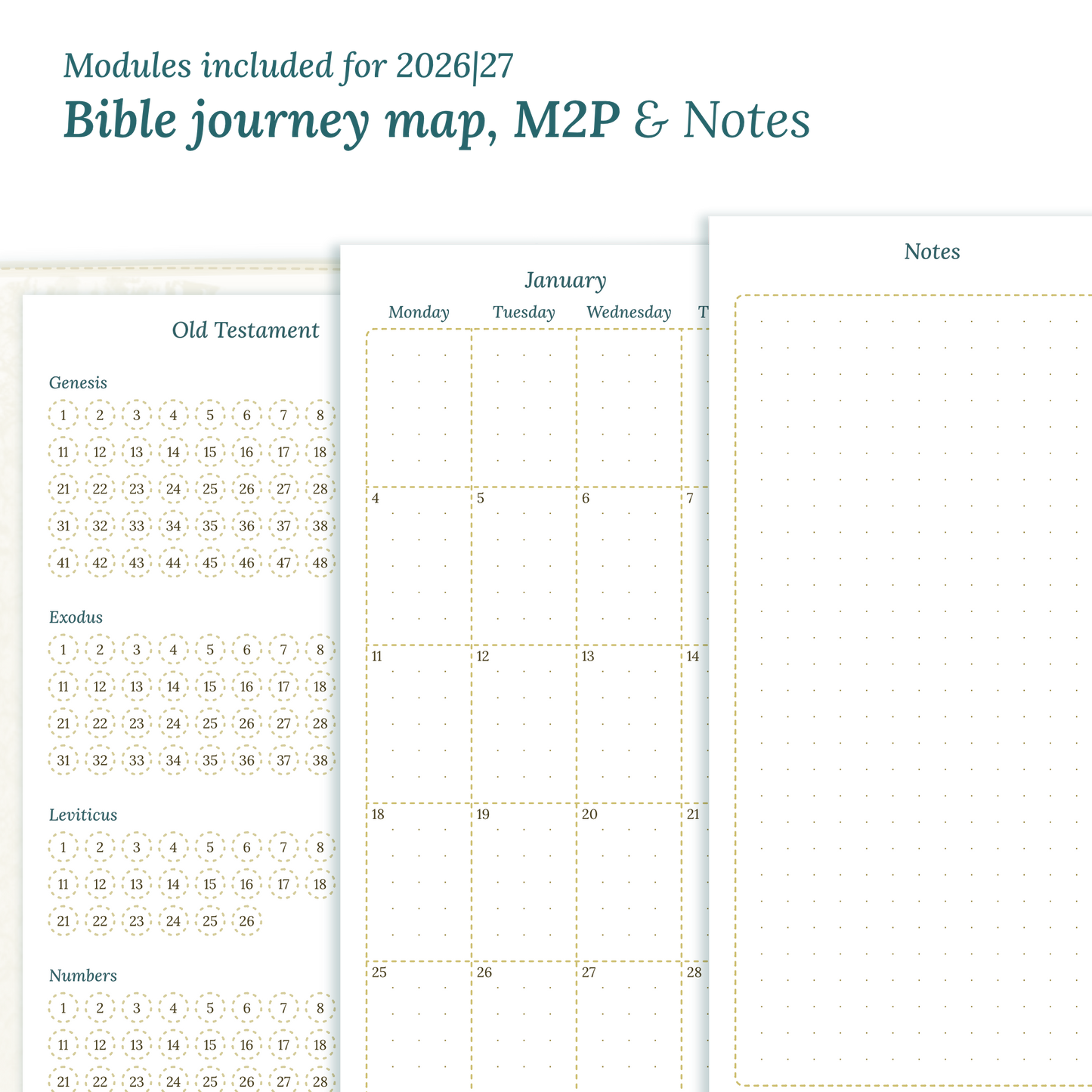 Printable Bible study kit inserts with modules for the years 2026 and 2027 featuring a Bible journey map, M2P Month on 2 pages and a Notes.