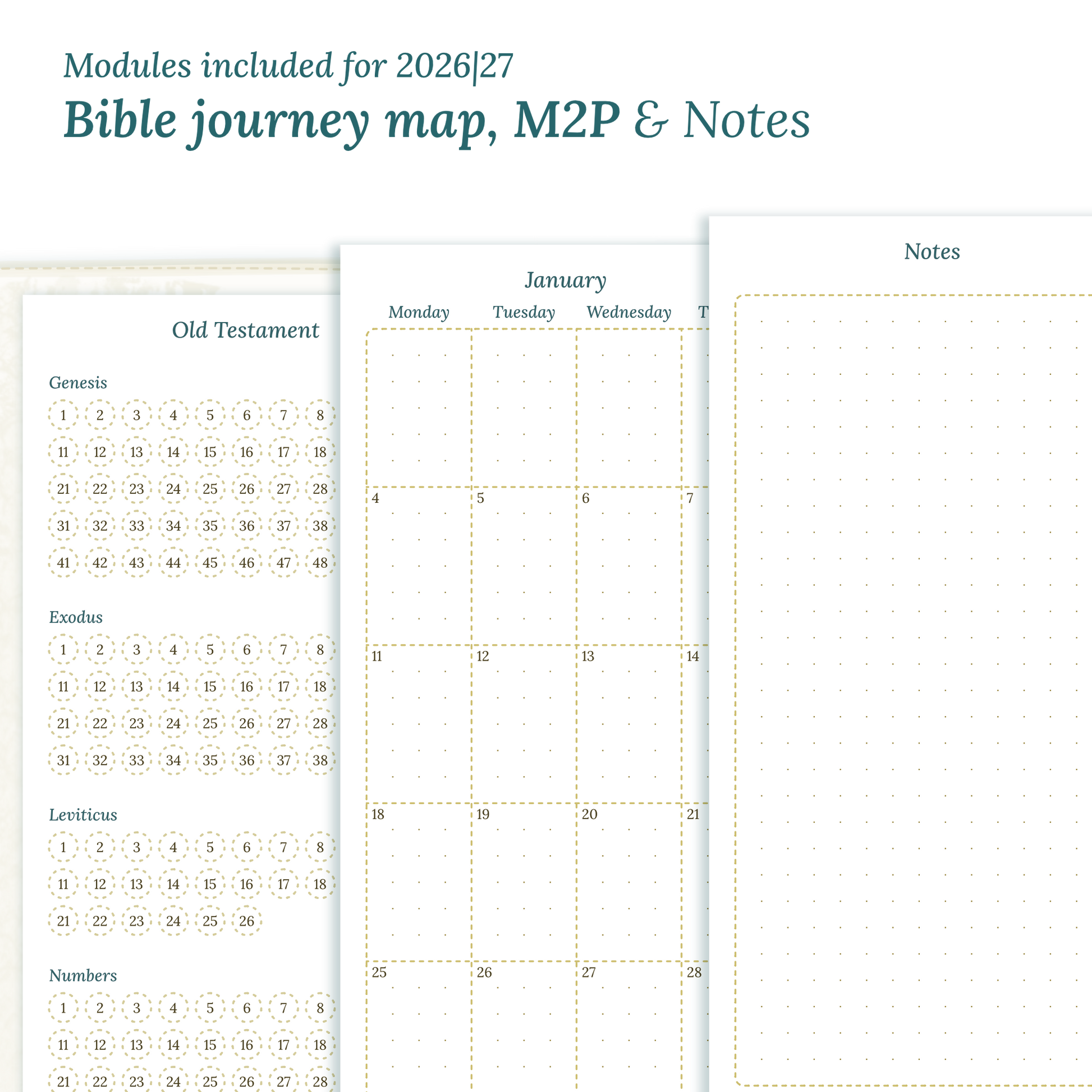 Printable Bible study kit inserts with modules for the years 2026 and 2027 featuring a Bible journey map, M2P Month on 2 pages and a Notes.