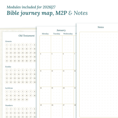Printable Bible study kit inserts with modules for the years 2026 and 2027 featuring a Bible journey map, M2P Month on 2 pages and a Notes.