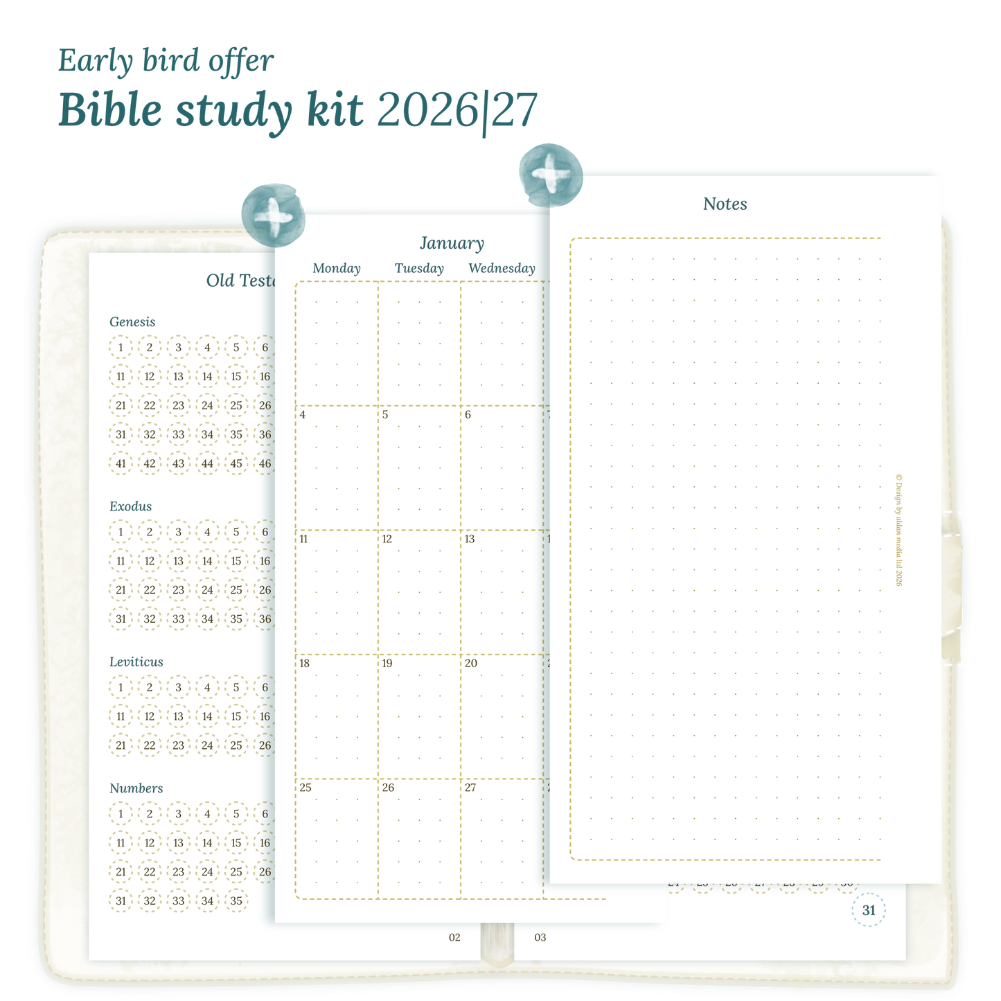 Calendar printable Bible study kit including modules for 2026 and 2027 for Personal size 6 ring binder planner.