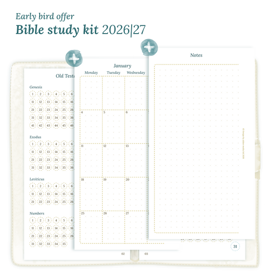 Calendar printable Bible study kit including modules for 2026 and 2027 for Personal size 6 ring binder planner.