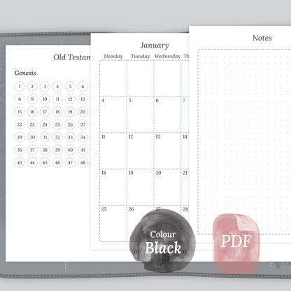 Examples featuring the printable Bible study kit inserts modules Bible journey map, M2P month on 2 pages and Notes in the colour Black & White for Pocket size 6 ring binder.