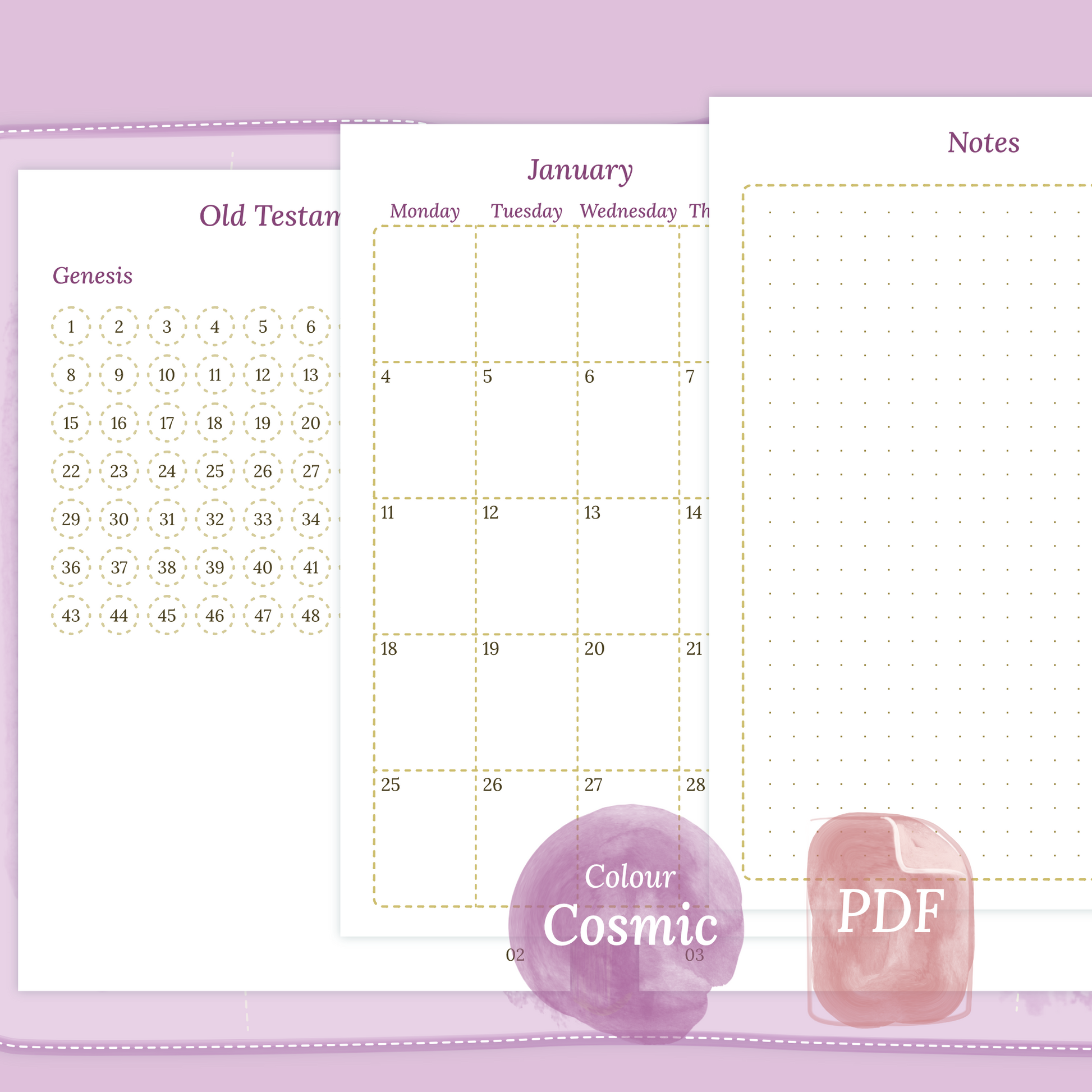 Examples featuring the printable Bible study kit inserts modules Bible journey map, M2P month on 2 pages and Notes in the colour Cosmic/Raspberry for Pocket size 6 ring binder.