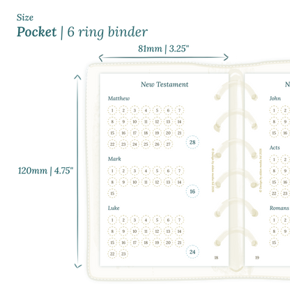 Calendar PDF printable planner insert with dimensions labeled on a white background to show the size supported which is Pocket for 6 ring binder.