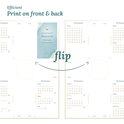 Calendar design with a lake map illustration and text indicating efficient printing on front and back of the A4 page Pocket size for 6 ring binder.