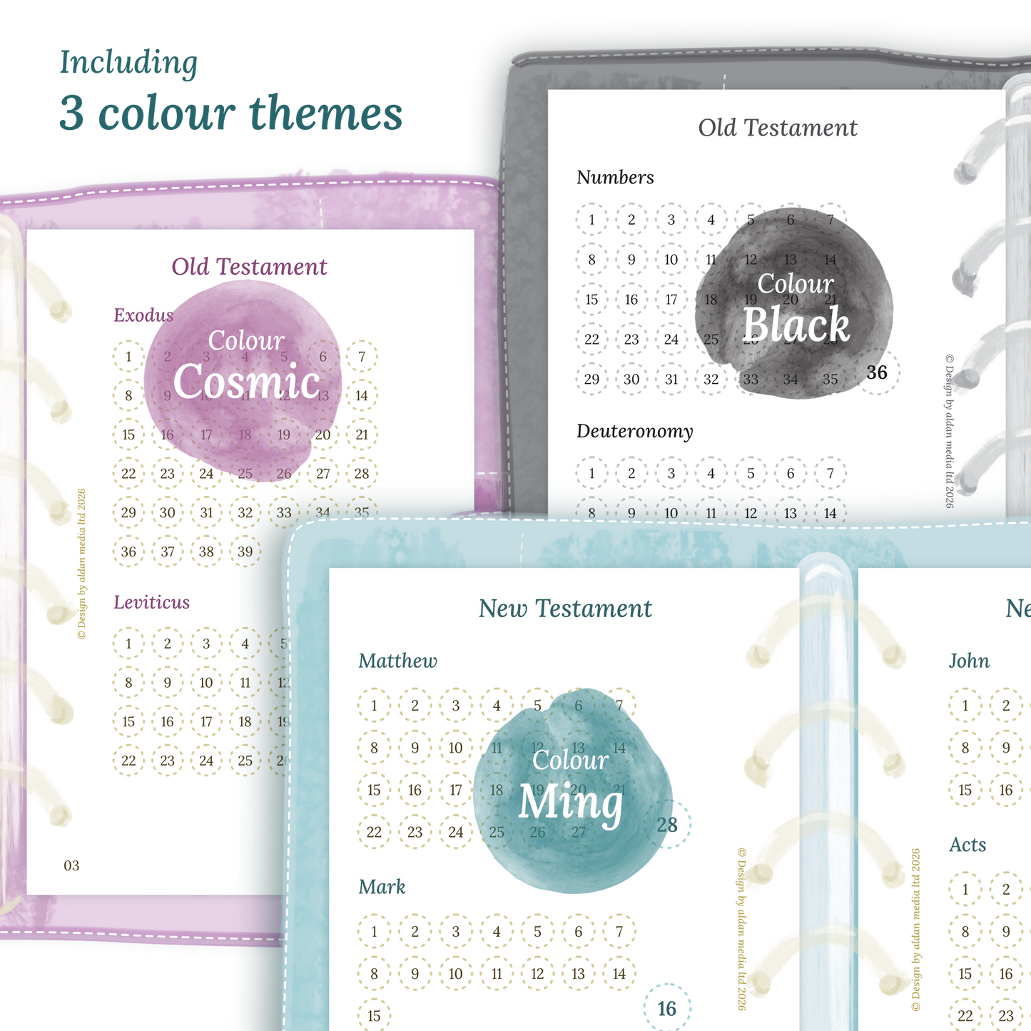 Three colour variants of the Bible study kit designs with colour themes 'Cosmic', 'Black', and 'Ming' displayed to show how they look like on the modules Bible journey map and M2P month on 2 pages.