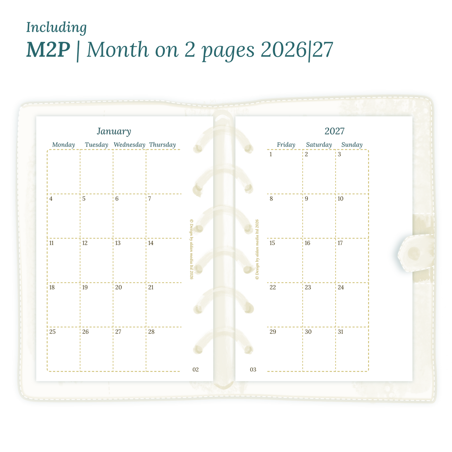 Open planner showing details of the printable planner inserts module M2P month on 2 pages for January 2026 till December 2027 for Pocket size 6 ring binder.