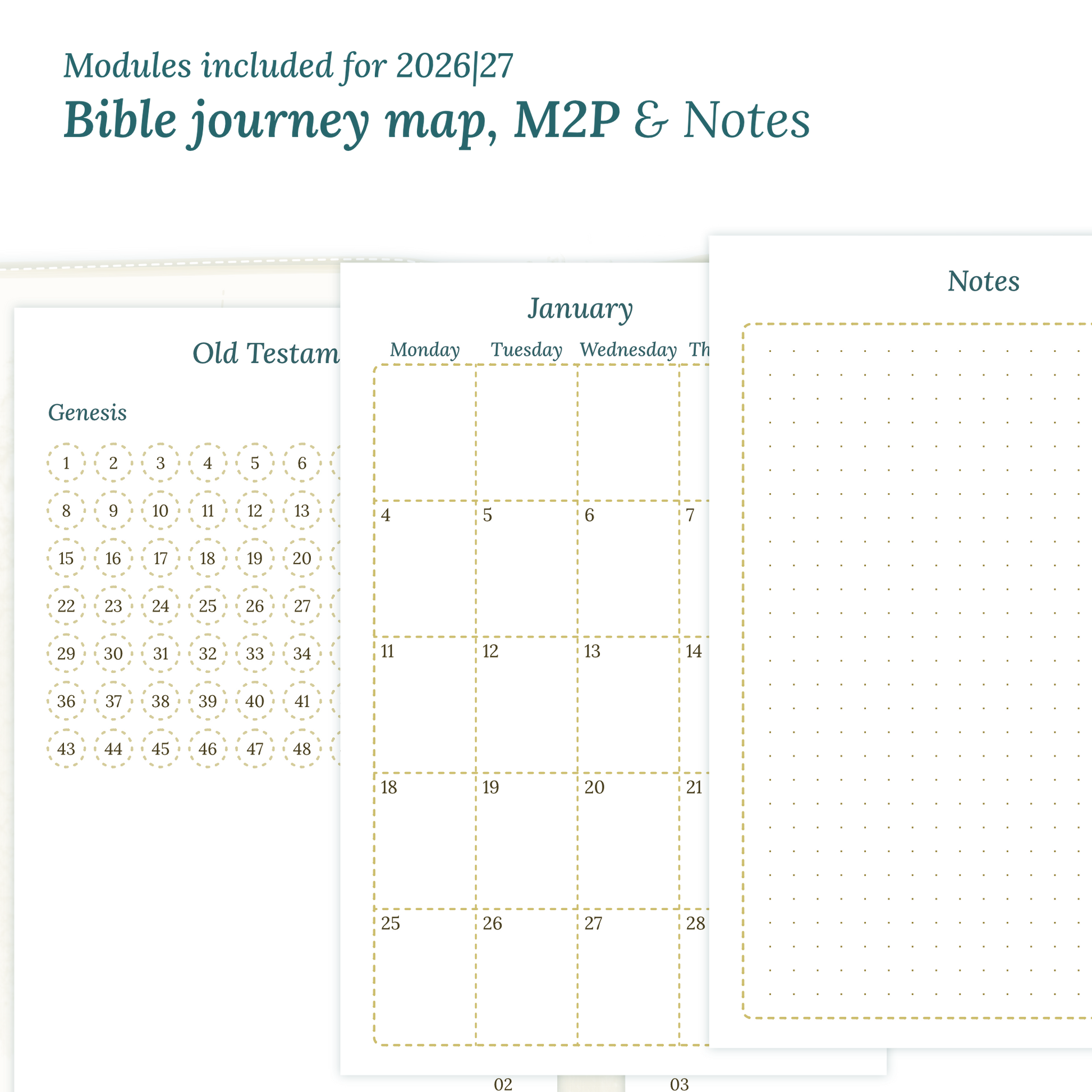 Printable Bible study kit inserts with modules for the years 2026 and 2027 featuring a Bible journey map, M2P Month on 2 pages and a Notes.