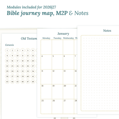 Printable Bible study kit inserts with modules for the years 2026 and 2027 featuring a Bible journey map, M2P Month on 2 pages and a Notes.