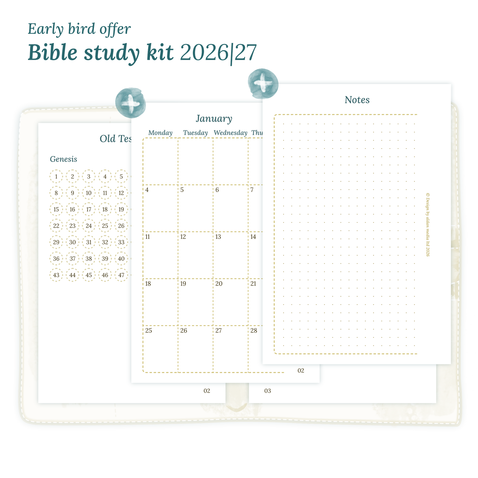 Calendar printable Bible study kit including modules for 2026 and 2027 for Pocket size 6 ring binder planner.