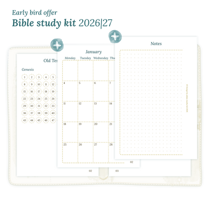 Calendar printable Bible study kit including modules for 2026 and 2027 for Pocket size 6 ring binder planner.