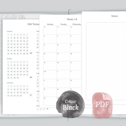 Examples featuring the PDF printable Bible study kit inserts modules Bible journey map, 9W2P 9 weeks on 2 pages and Notes in the colour Black & White.
