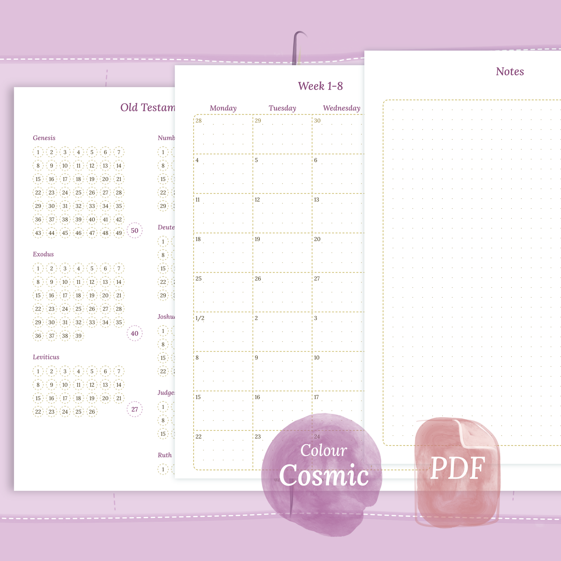 Examples featuring the PDF printable Bible study kit inserts modules Bible journey map, 9W2P 9 weeks on 2 pages and Notes in the colour Cosmic/Raspberry.