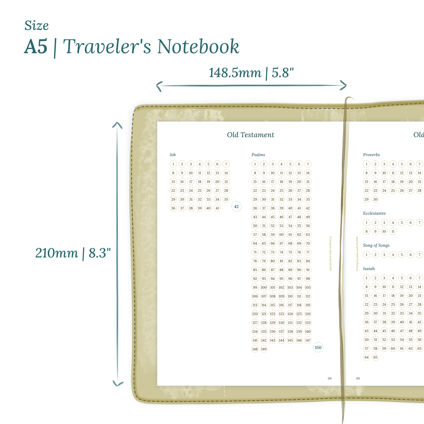 Calendar planner insert with dimensions labeled on a white background to show the size supported which is A5 for Traveler's Notebook.